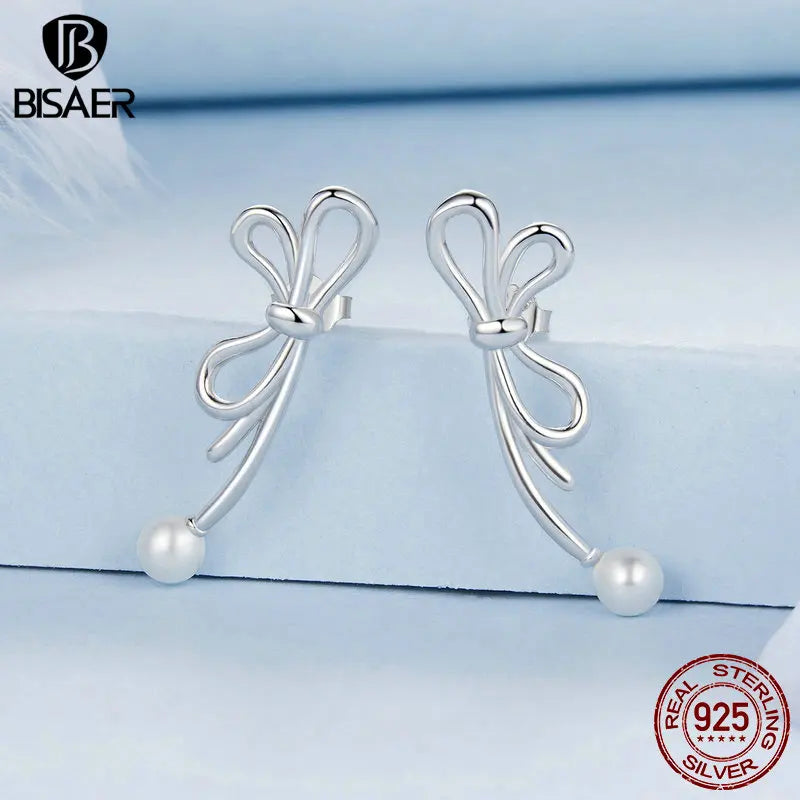 BISAER 925 Sterling Silver Delicate Bowknot Stud Earrings Pearl Plated White Gold Stud Ear For Woman Party Fine Jewelry Gift