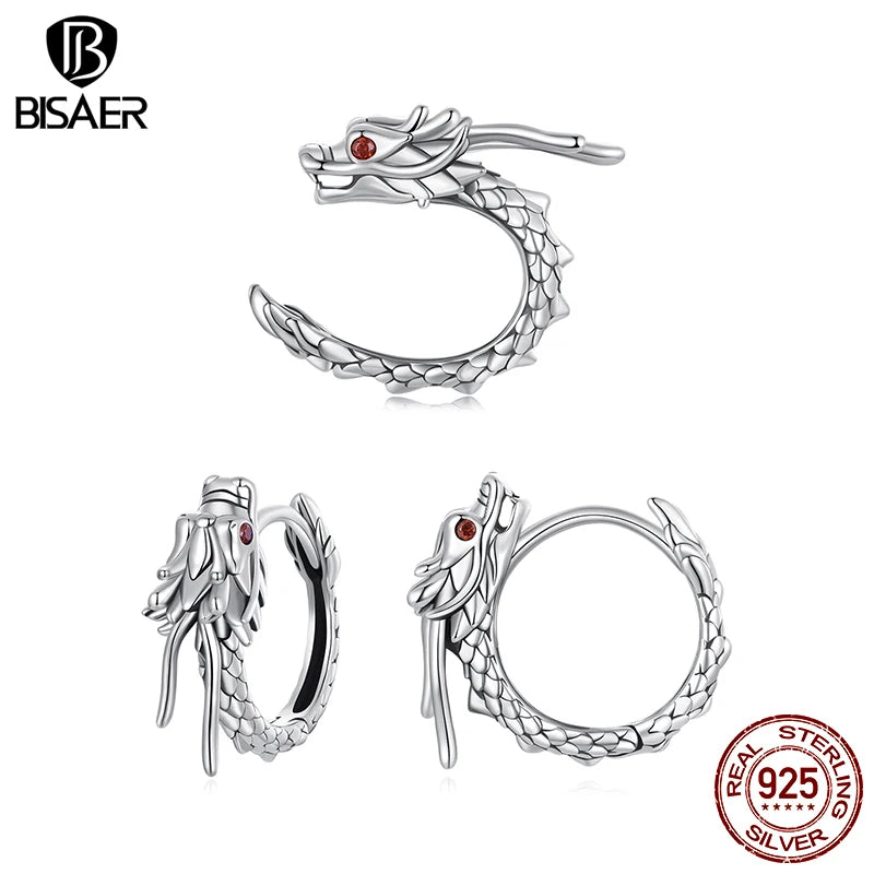 BISAER 925 Sterling Silver Retro Dragon Hoop Earrings Classic Hypoallergenic  Ear ClipFor Women Party Original Fine Jewelry Gift