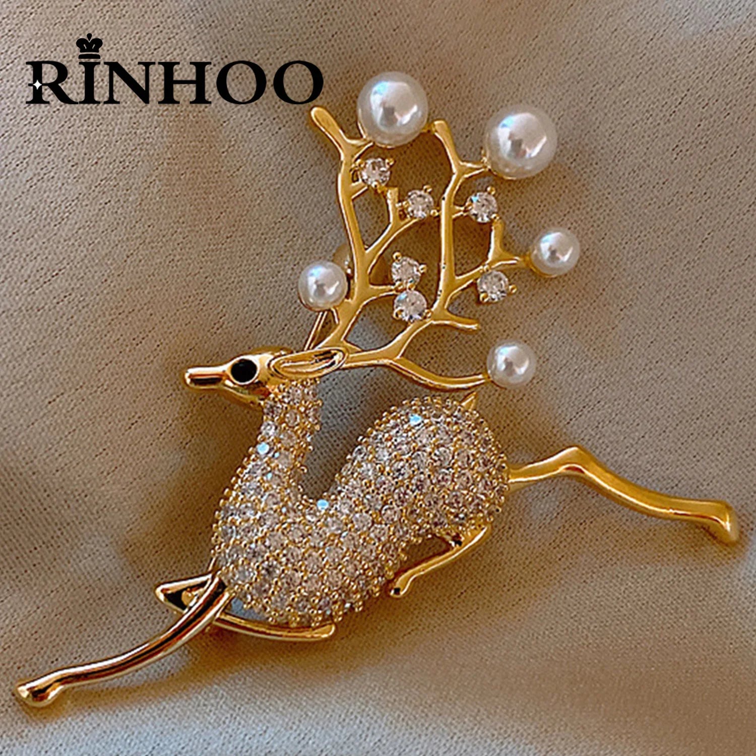 Lindos broches de ciervo con diamantes de imitación de Rinhoo para mujer, prendedores de solapa de alce con perlas de imitación decorativas para Año Nuevo, joyería navideña