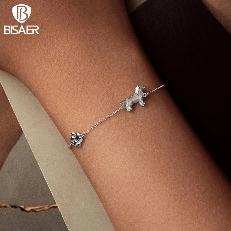 BISAER 925 Sterling Silver Golden Retriever Bracelet Pet Animals Charm Adjustable Chain Plated White Gold for Women Fine Jewelry