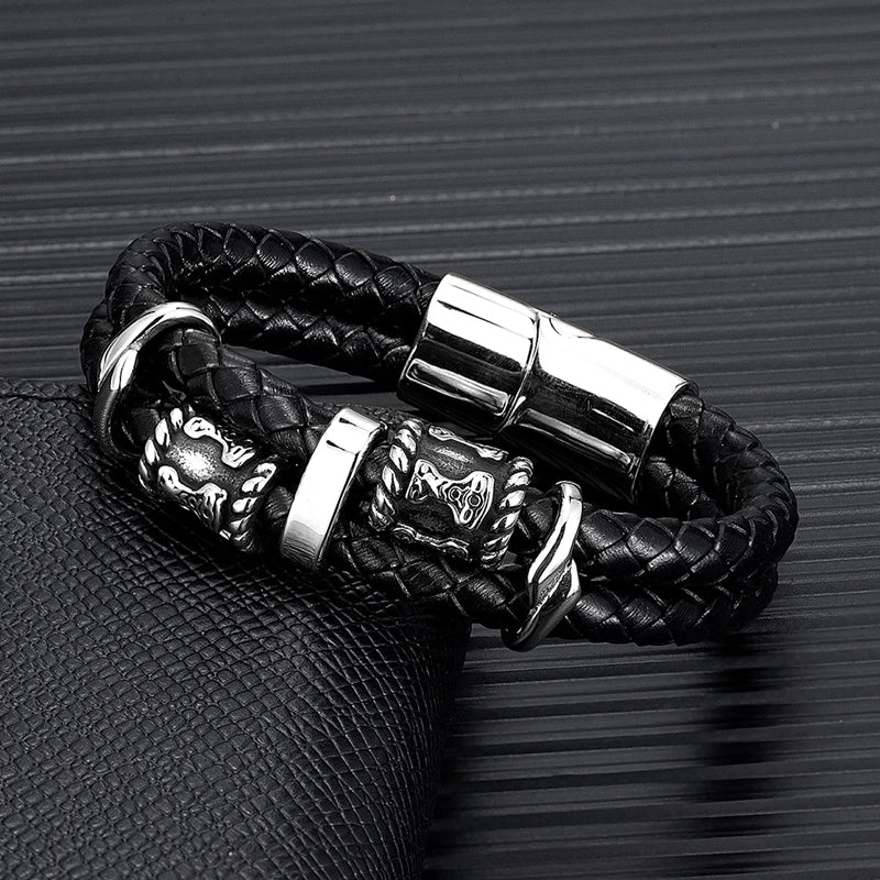 MKENDN Norse Vikings Thor's Hammer Mjolnir Scandinavian Rune Amulet Beads Stainless Steel Men's Leather Bracelet Homme Pulseras