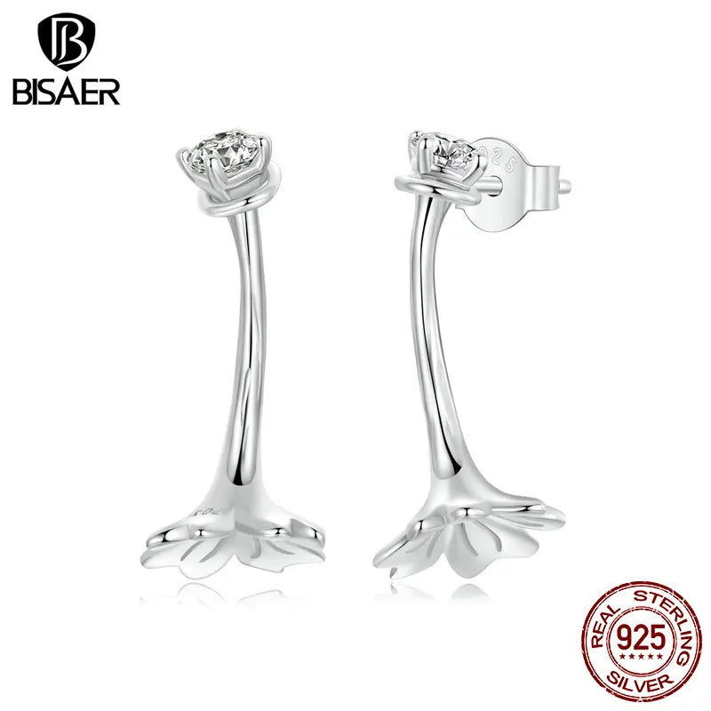 BISAER 925 Sterling Silver Cute Flower Stud Earrings Simple Plants Ear Clip Plated White Gold For Women Girl Party Fine Jewelry