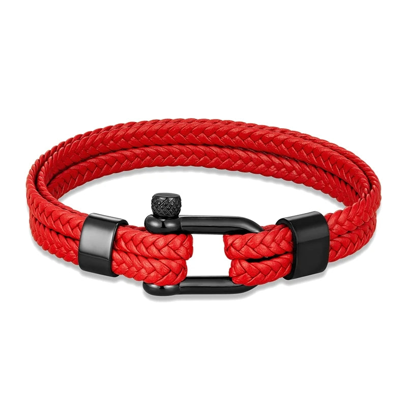 MKENDN Men Women Black Stainless Steel U-Shape Shackle Woven Multilayer Leather Bracelet Outdoor Adventure Climbing Surf Gifts