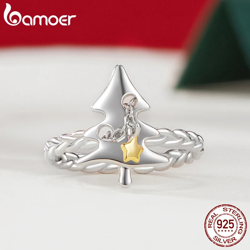 Bague ajustable en argent sterling 925 massif BAMOER en forme d'arbre de Noël, joli bijou de Noël, cadeau d'anniversaire pour femme SCR1081-E