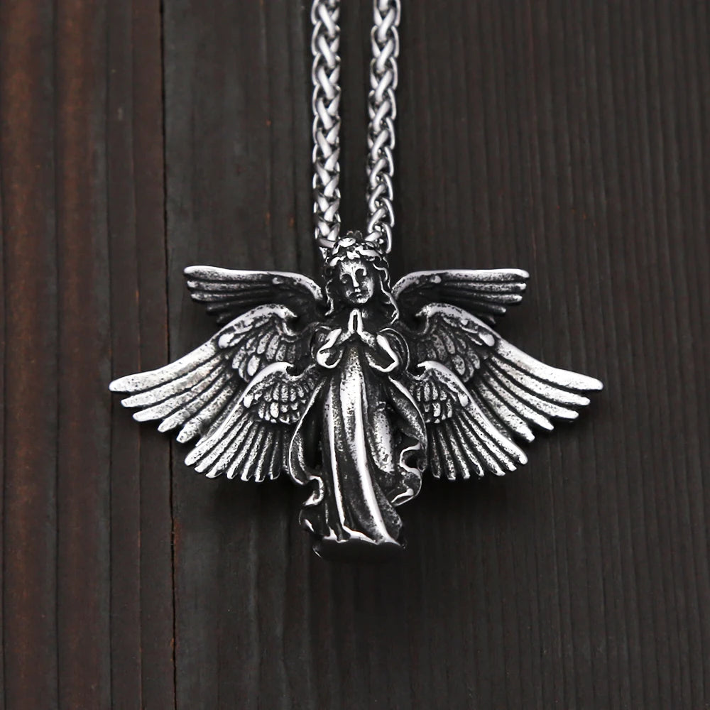 Vintage Stainless Steel Angel Wings Prayer Hands Pendant Necklaces For Men Women Fashion Anniversary Amulet Jewelry Dropshipping