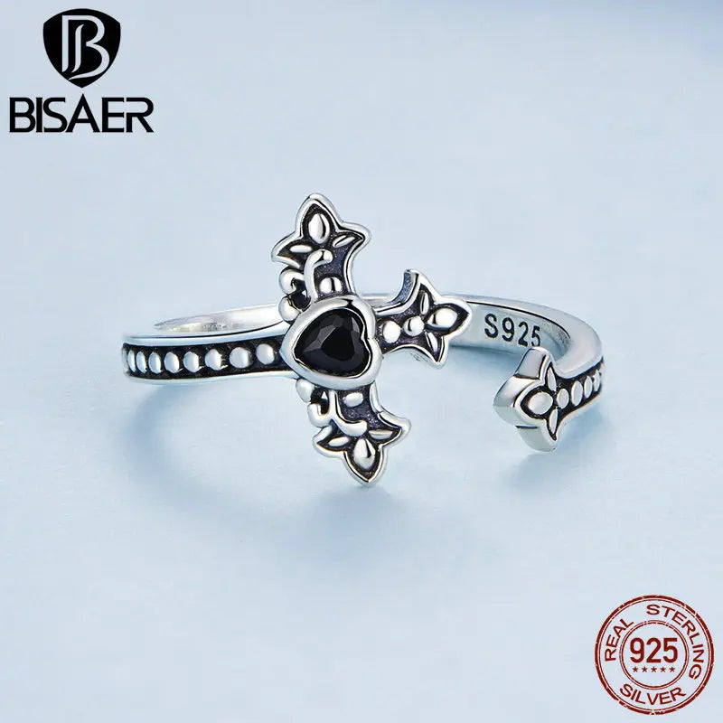 BISAER Real 925 Sterling Silver Vintage Cross Open Ring Black Zircon Band Adjustable Size 5-9 for Women Party Fine Jewelry