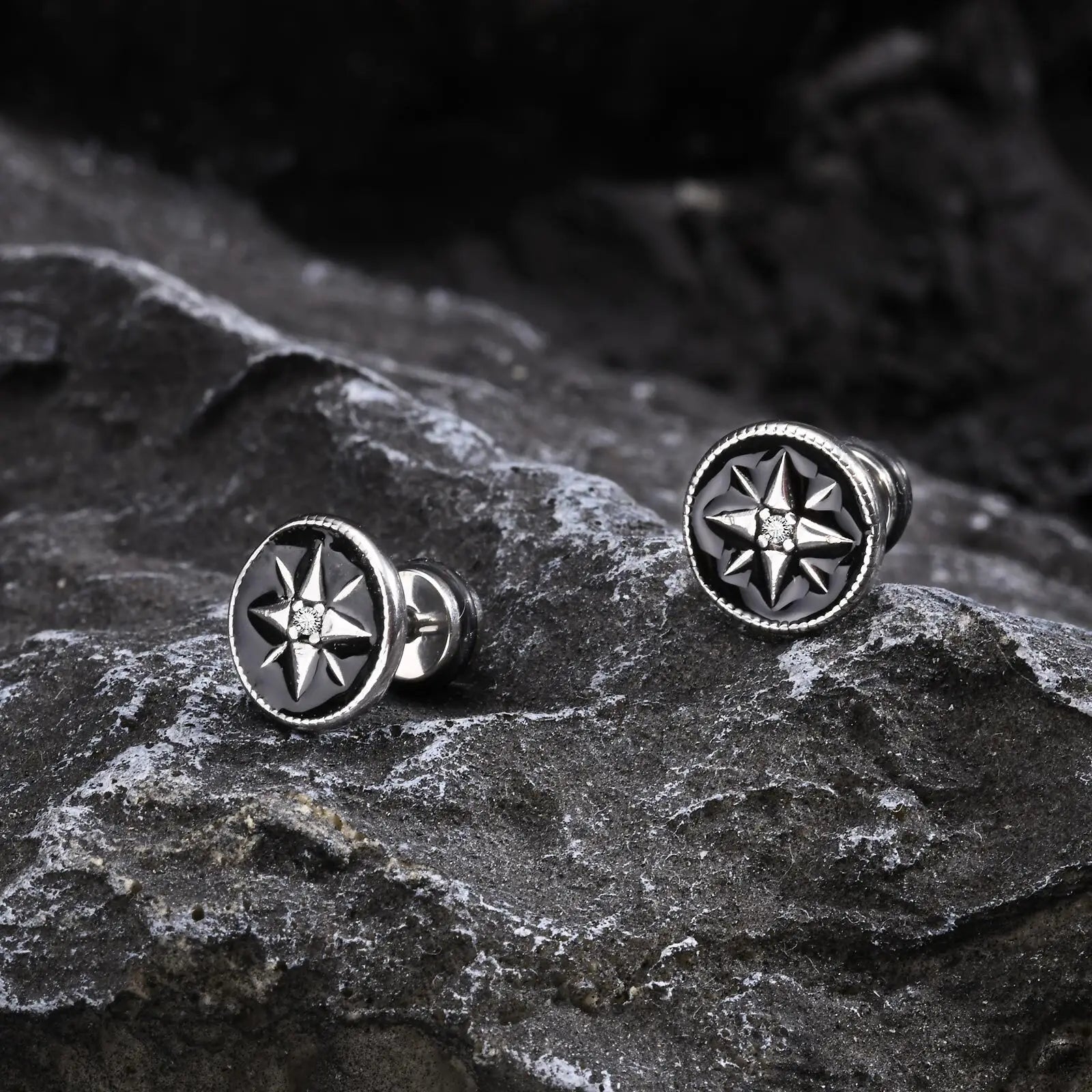 Nautical Compass Star Stud Earrings for Men Boys,Stainless Steel Black Circle with White CZ Stonel,Hiphop Punk Jewelry Gifts