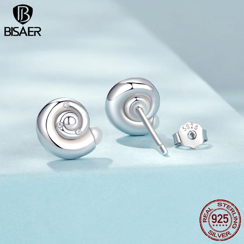 BISAER 925 Sterling Silver Cute Conch Shell Stud Earrings Symbol of Eternity Stud Ear Plated White Gold for Women Fine Jewelry