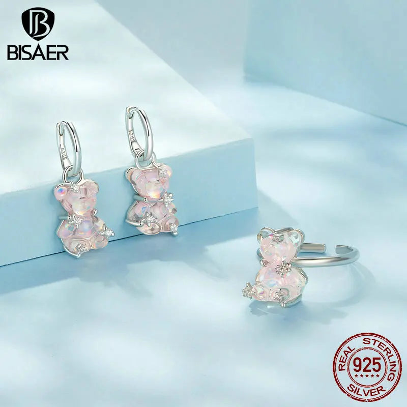 BISAER 925 Sterling Silver Dreamy Bear Open Ring Pink Bear Hoop Earrings Plated White Gold for Women Party Fine Jewelry Set Gift