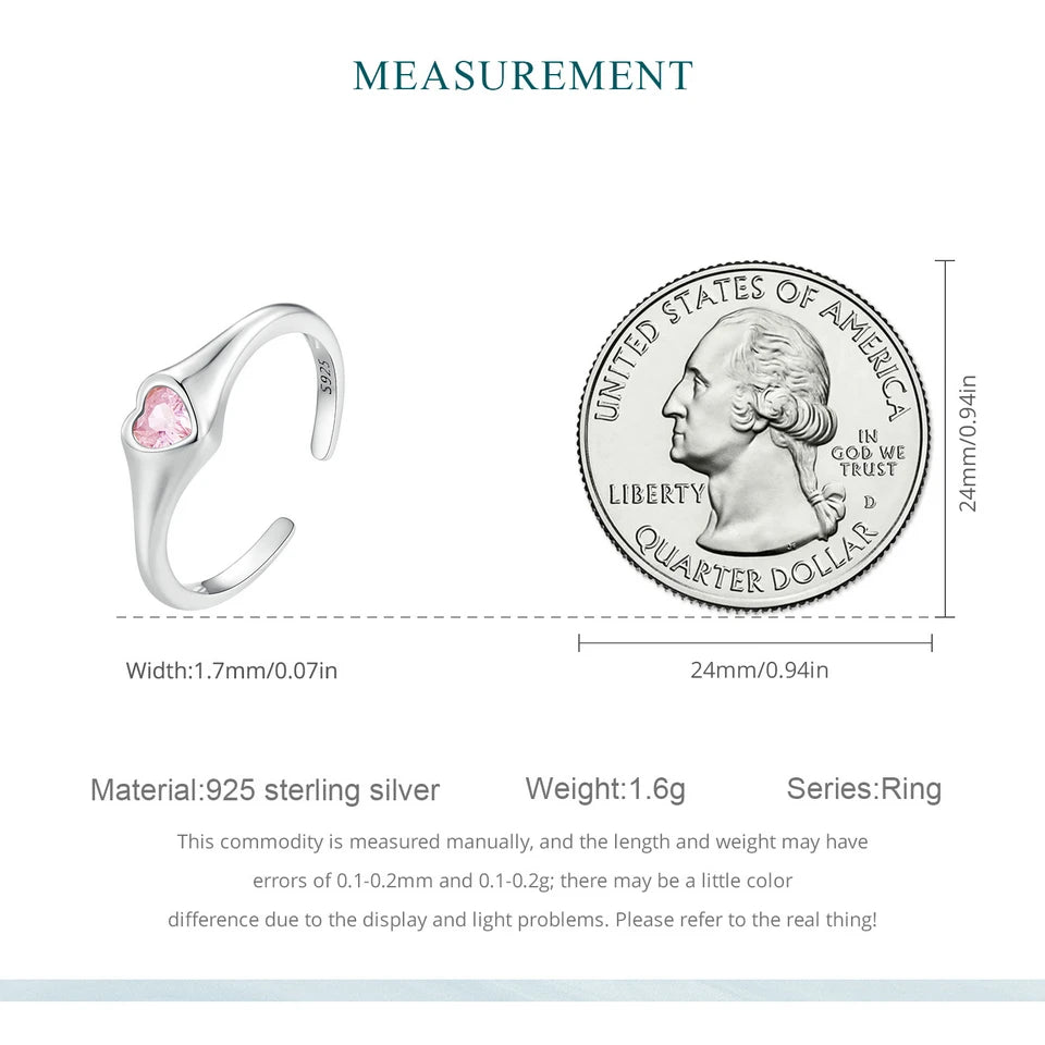 BISAER 925 Sterling Silver Pink Heart Angel Wing Open Ring Size 5-9 Eternity Band Plated Platinum for Women Party Fine Jewelry