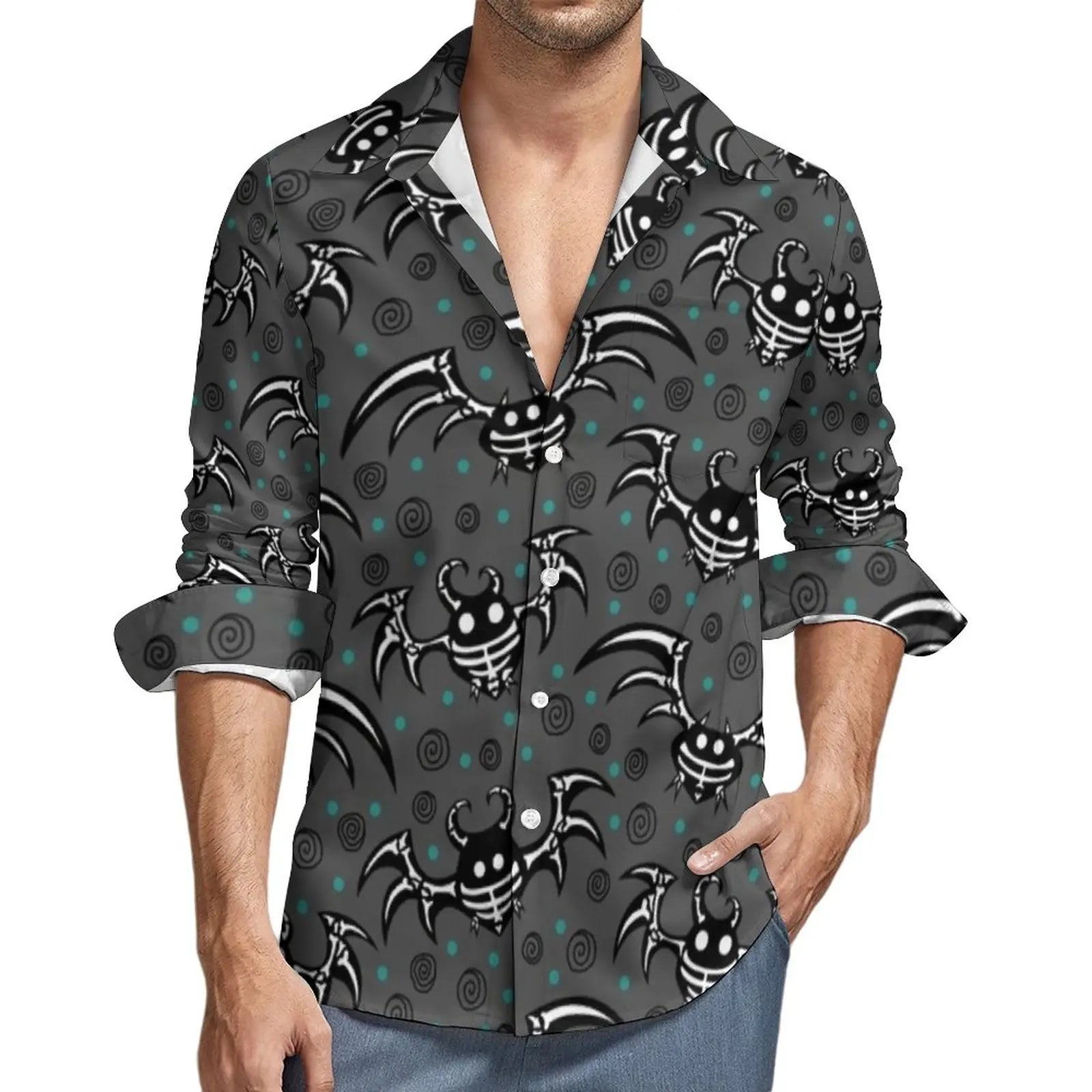 Camisa con estampado de murciélagos morados, camisas casuales de otoño y Halloween para hombre, blusas holgadas de manga larga, ropa gráfica divertida de talla grande