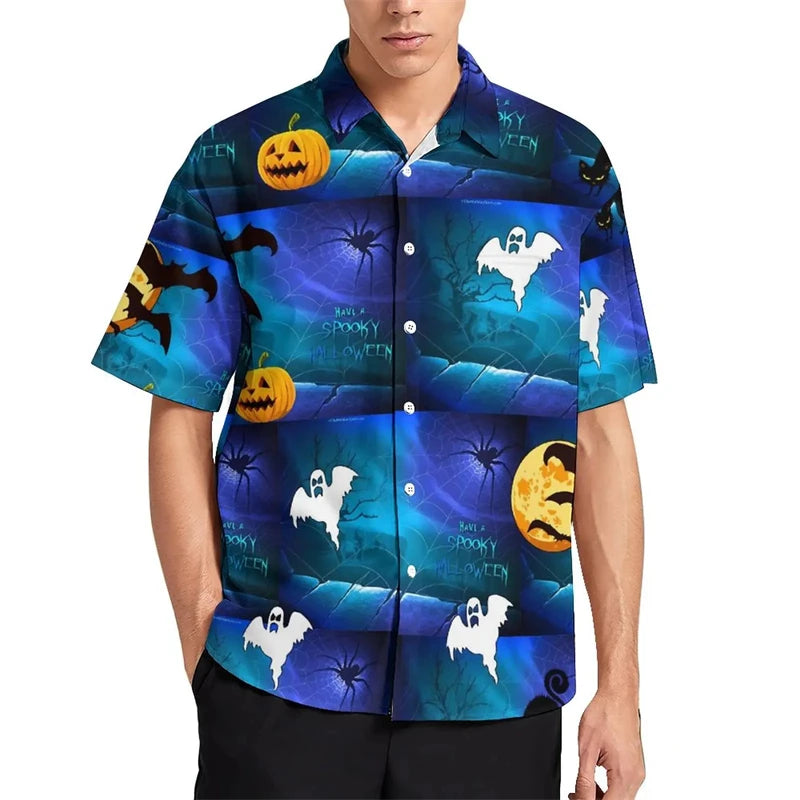 Funny Pumpkin Candy Graphic Blouses Fashion Halloween Gift 3D Printed Beach Shirts Streetwear Boy Short Sleeve Button Male Tops