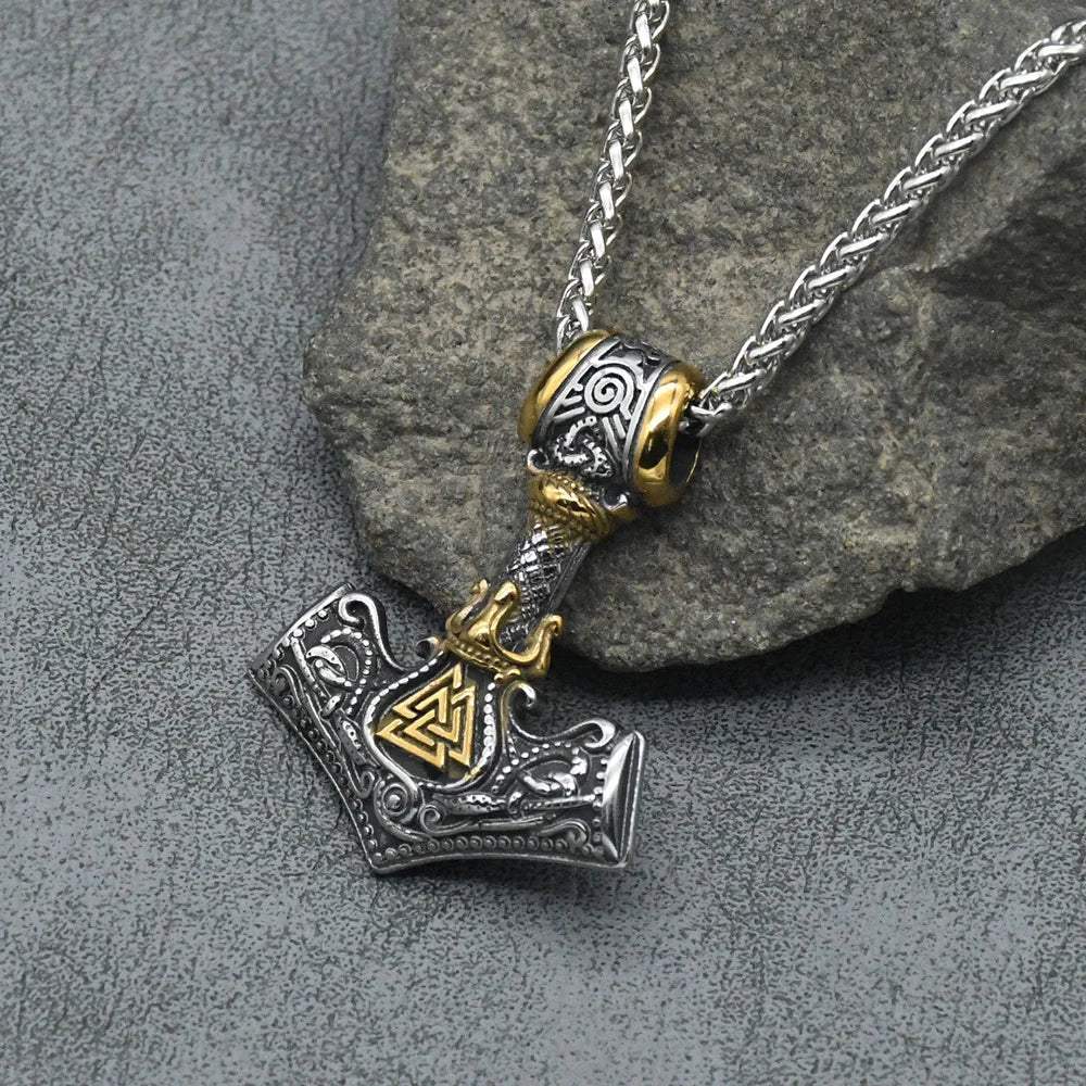 Norse Rune Viking Valknut Pendant Necklace Men Vintage Stainless Steel Mjolnir Thor's Hammer Talisman Jewelry