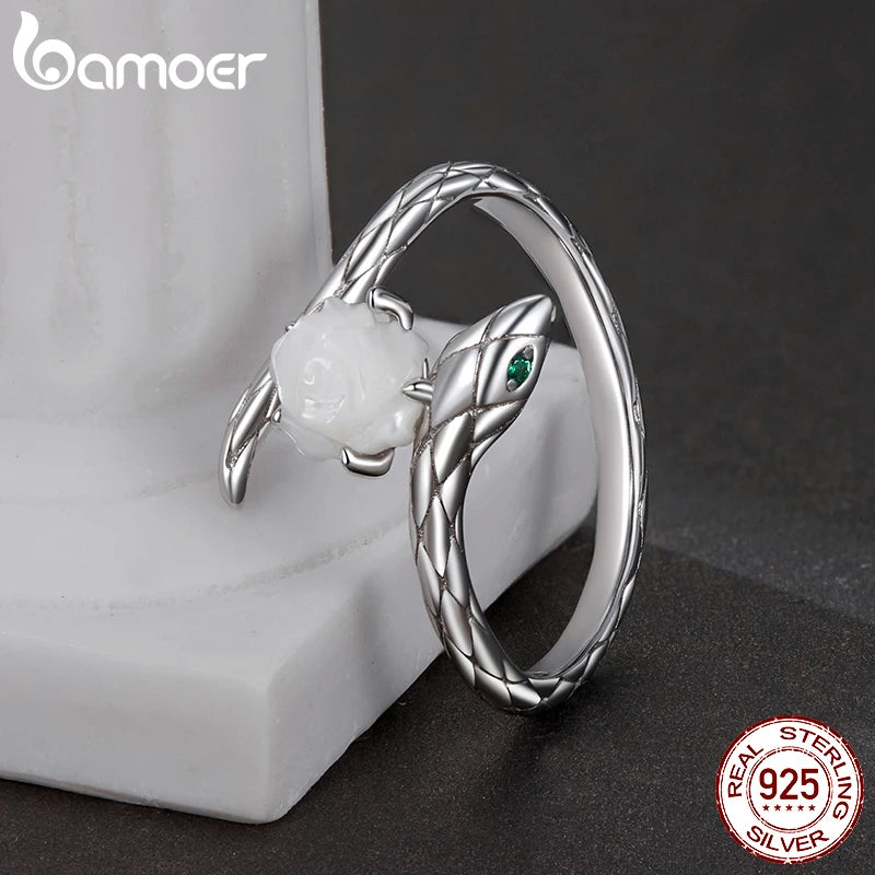 Bague ajustable BAMOER en argent sterling 925 massif avec motif de rose et de serpent, bijoux rétro à motif de fleurs, cadeau d'anniversaire de Noël pour femme