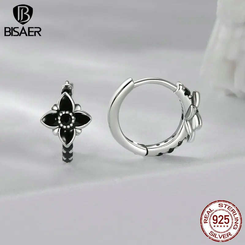 BISAER Real 925 Sterling Silver Vintage Nightfall Flower Stud Earring Black Enamel Process Stud Ear For Woman Party Fine Jewelry