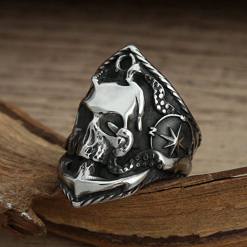 Anillo de acero inoxidable 316L con diseño de calavera pirata, estilo gótico, punk, pirata y motorista, con diseño de brújula de adsorción y ancla de pulpo pirata único para hombre