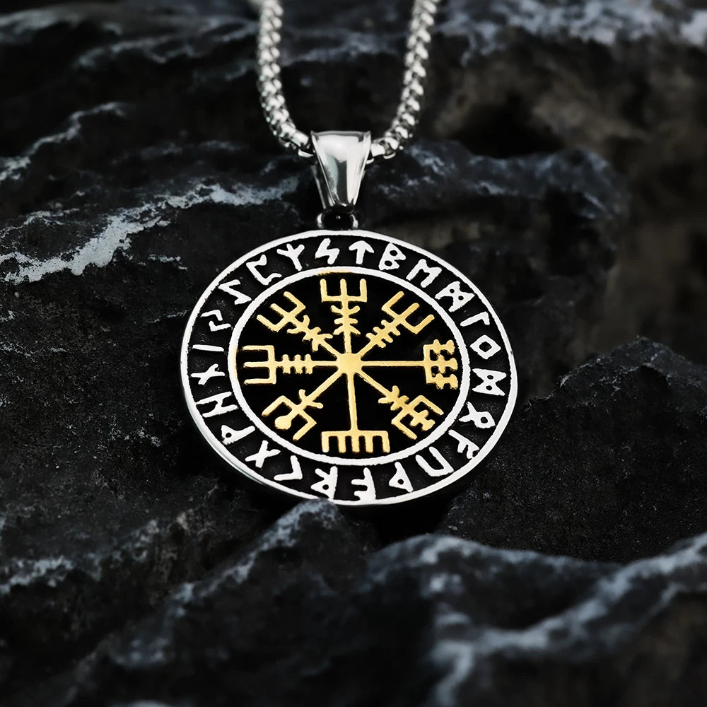 Compass Necklace Viking Metal Disk Pendant Viking Rune Vintage European and American Festival Gift