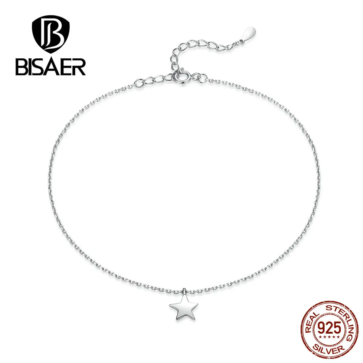 BISAER 925 Sterling Silver Star Anklets Five-pointed Star Adjustable Chain Anklets For Women Party Fine Jewelry Holiday Gift