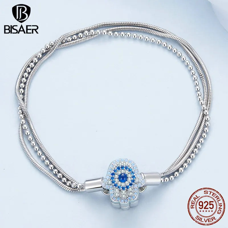 BISAER Real 925 Sterling Silver Fatima Guardian Angel Basic Bracelet Plated platinum for Women Charms Beads DIY Fine Jewelry