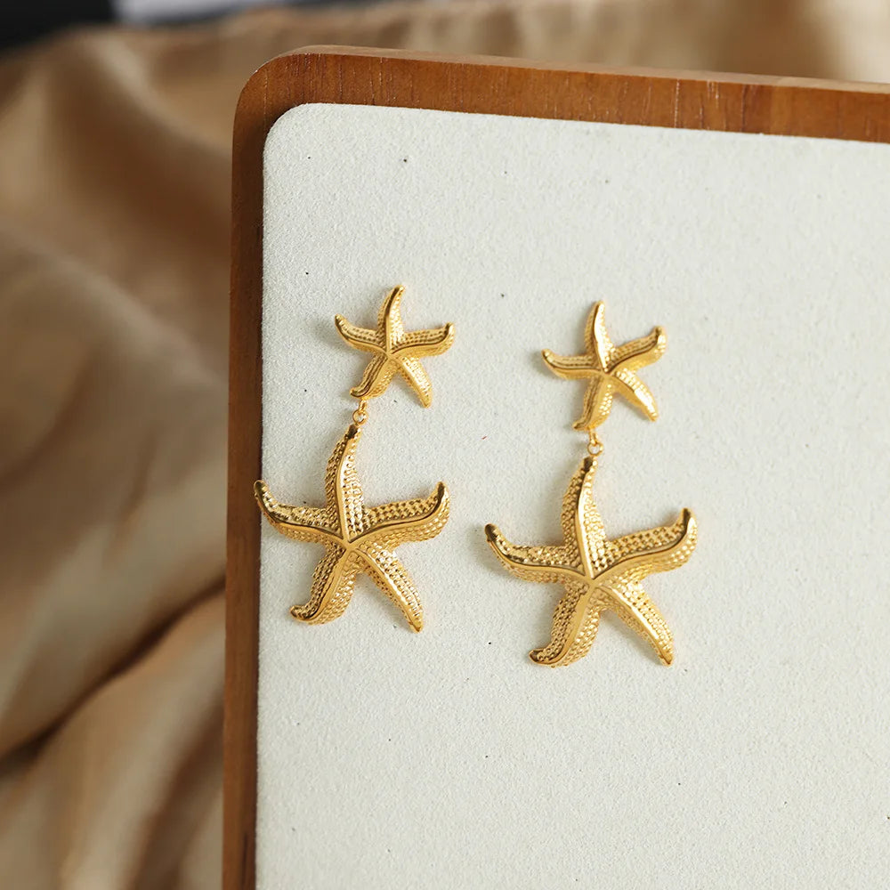 INS Trend 18K Gold Plated Stainless Steel Starfish Drop Dangle Statement Stud Earrings for Women Holiday Beach Jewelry