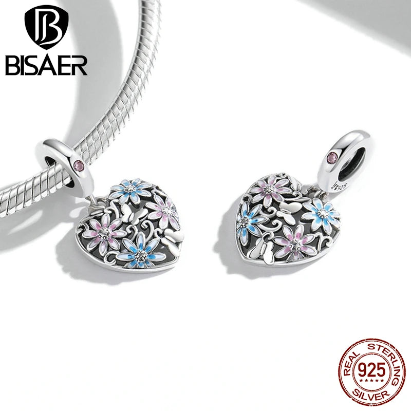 BISAER 100% 925 Sterling Silver Flower Anchor Charm Bead Blue Heart Pendant For Women DIY Bracelet Fine Jewelry Gift