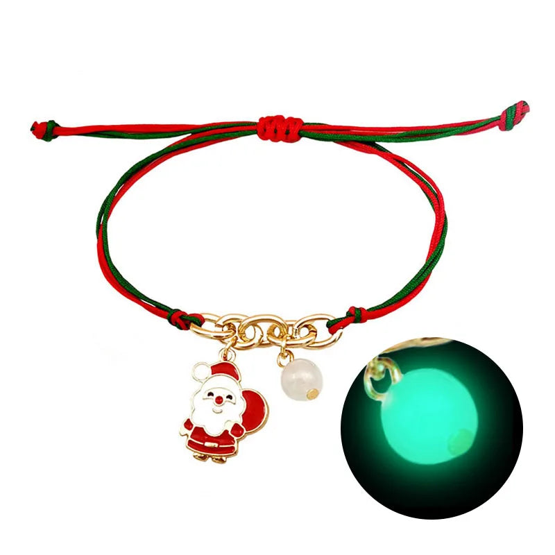 Christmas Handmade Woven Luminous Bracelet For Women Santa Claus Snowman Deer Bell Christmas Tree Hat Charm Bracelets Jewelry