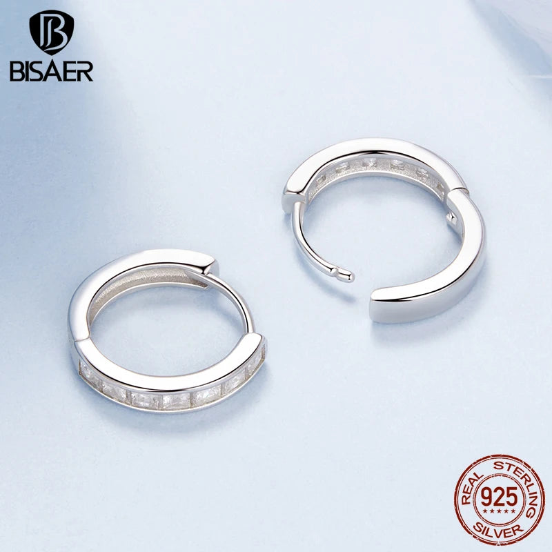 BISAER Real 925 Sterling Silver Square Sparkling Hoop Earring  Round Circle Cubic Zirconia Stud Ear For Woman Party Fine Jewelry