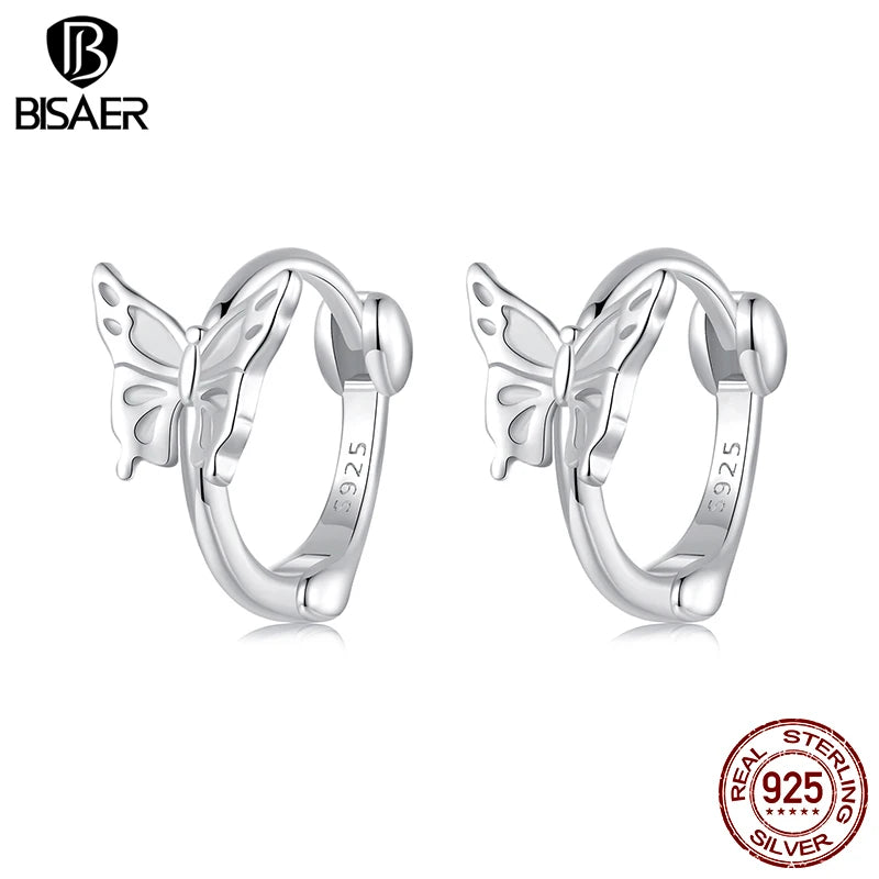 BISAER 925 Sterling Silver Butterfly Ear Buckles Round Hoop Earrings Plated White Gold for Elegant Women Original Fine Jewelry