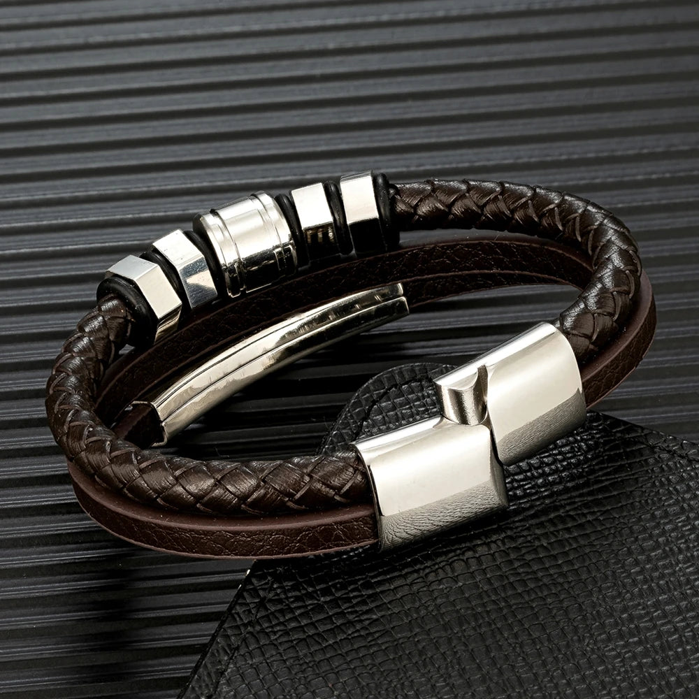 MKENDN Steampunk Style Hex Nut Cap Bracelet Men Women Multilayer Braid Genuine Leather Bracelet With Stainless Steel Jewelry