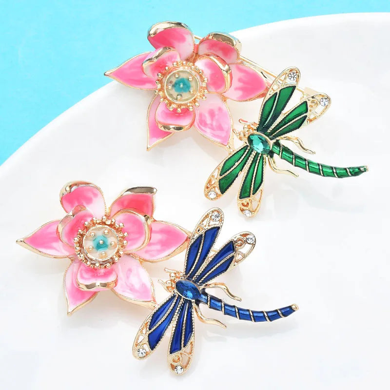 Wuli&baby Beautiful Lotus Flower Dragonfly Brooches For Women Elegant Enamel Flowers And Insects Party Office Brooch Pins Gifts