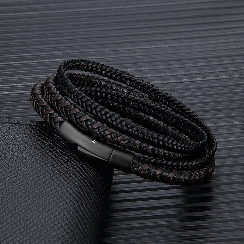 Simple Style Men Double Layer Leather Bracelet Matte Black Stainless Steel Button Accessories Hand-woven Jewelry Gifts