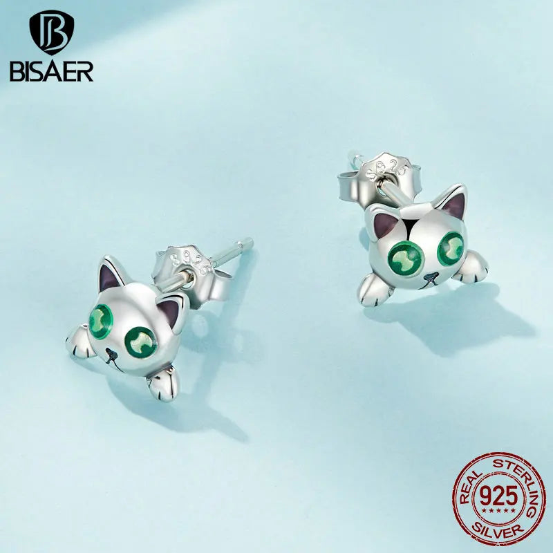 BISAER 925 Sterling Silber Niedliche Katze Glow-in-the-dark Ohrstecker Leuchtende Ohrringe für Frauen Party Feine schmuck Geschenk ECE1643