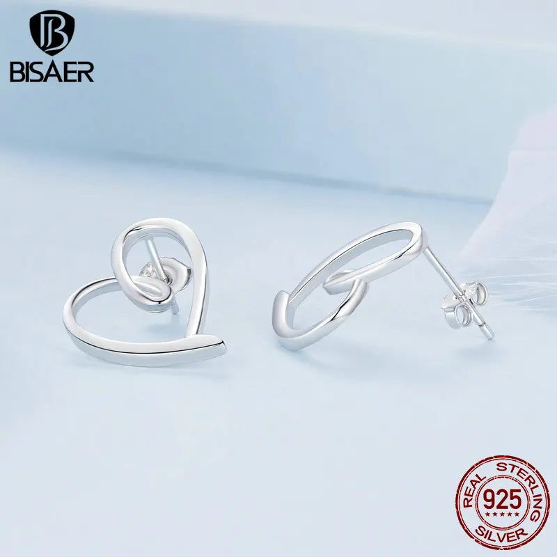 BISAER 100% 925 Sterling Silver Simple Heart Stud Earrings Plated Platinum Ear Clip For OL Woman Wedding Fine Jewelry EFE871