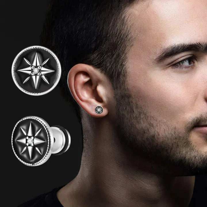 Nautical Compass Star Stud Earrings for Men Boys,Stainless Steel Black Circle with White CZ Stonel,Hiphop Punk Jewelry Gifts