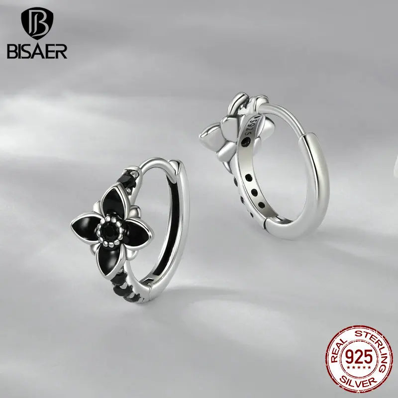 BISAER Real 925 Sterling Silver Vintage Nightfall Flower Stud Earring Black Enamel Process Stud Ear For Woman Party Fine Jewelry