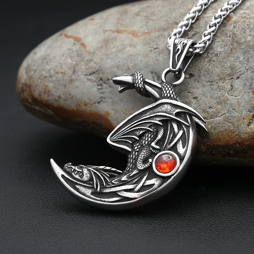 New Vintage Sleeping Dragon On Moon Pendant For Men Women Stainless Steel Natural Stones Necklace Fashion Party Jewelry Gifts