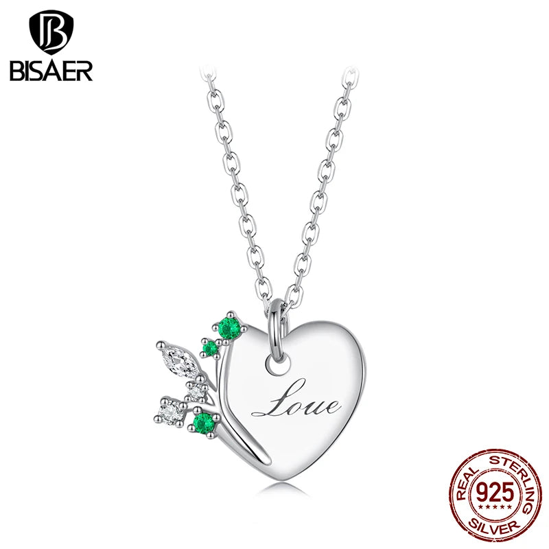 BISAER Tree of Life Necklace Real 925 Sterling Silver Eternal Heart Charm Chain Plated White Gold for Women Party Fine Jewelry