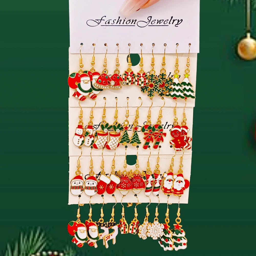 10PCS Christmas Earrings Set Hot Selling Cartoon Dripping Oil Elk Santa Claus Tree Winter Jewelry Party Gifts for Women Girls