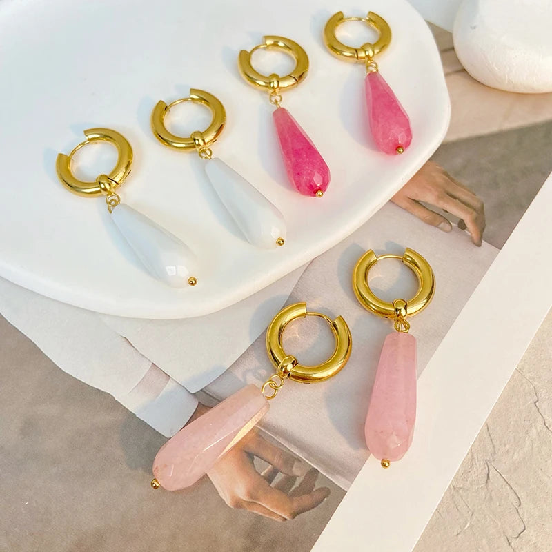 2022 Summer Gold Plated Stainless Steel Pink White Stone Teardrop Hoop Earrings for Women Waterproof Earring Jewelry Gift