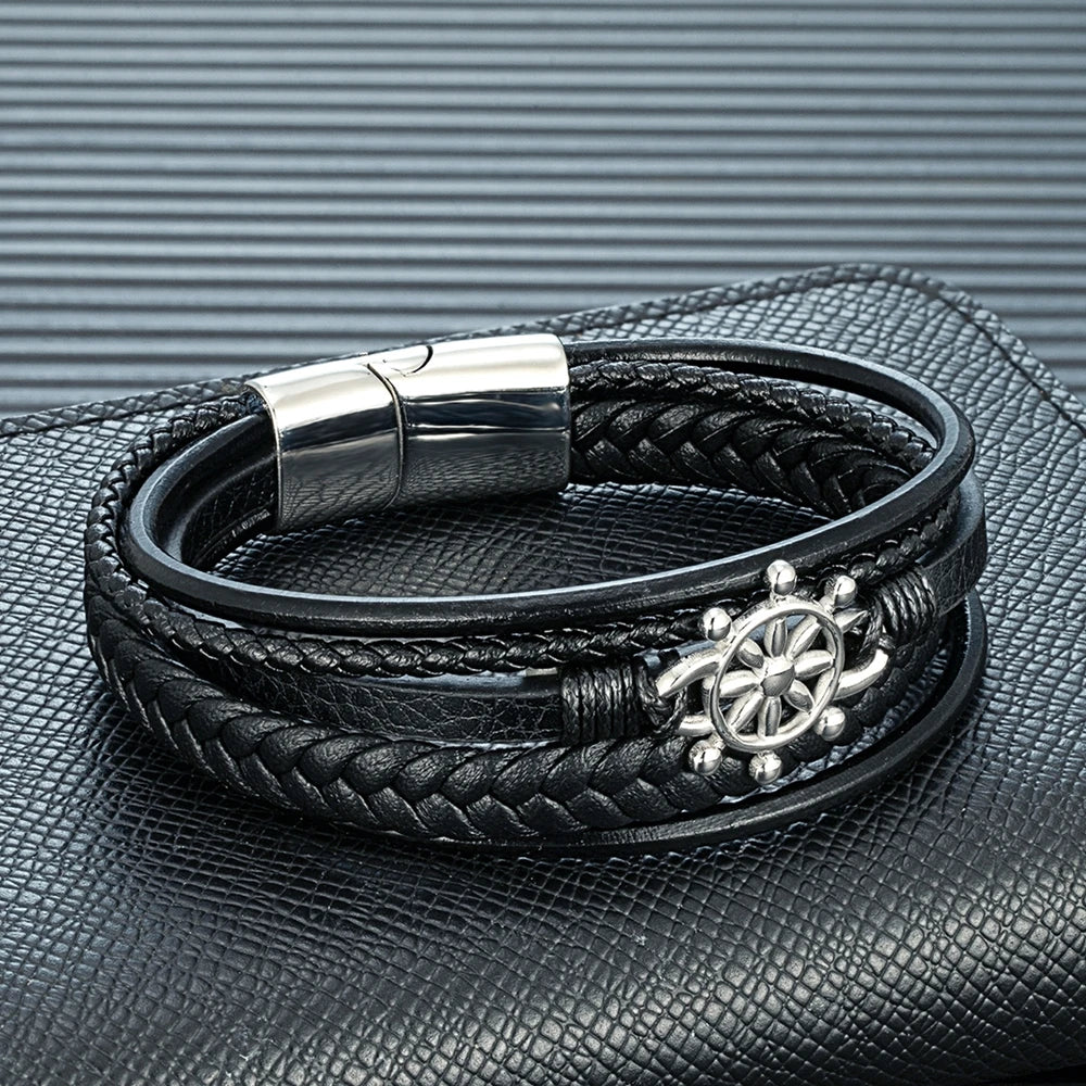 MKENDN Fashion Men Anchor Rudder Bracelet Woven Multilayer Braided Leather Bracelets For Women Stainless Steel Jewelry Gifts