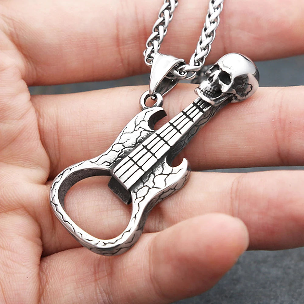 New Vintage Skull Guitar Pendant Necklace Stainless Steel Punk Hip Hop Personality Opener Necklaces For Men Rock Biker Jewelry