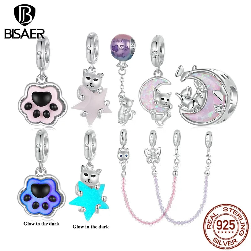 BISAER 925 Sterling Silver Cute Cat Star Pendant Flying Balloon Cat   Pet Paws Charms Beads Fit Woman DIY Bracelet Fine Jewelry