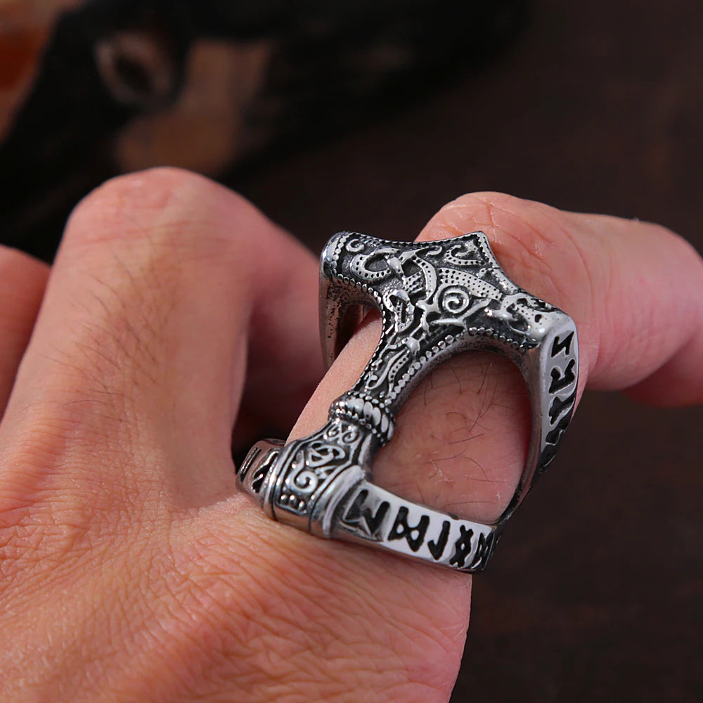 Vintage Viking Thor's Hammer Ring Mens Nordic Odin Rune Ring Stainless Steel Jewelry Biker Amulet Gift Wholesale