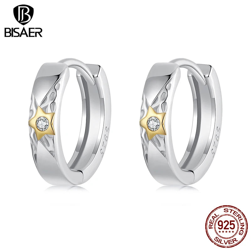 BISAER 925 Sterling Silver Star Hoop Earrinngs Classic Round Stud Earrings Plated Gold for Romantic Women Party Fine Jewelry