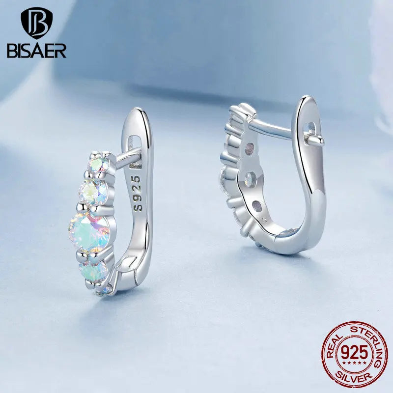 BISAER 925 Sterling Silver Rainbow Zircon Buckles For Elegant Woman Dream Hoop Earrings Plated Platinum Fine Jewelry EFE960