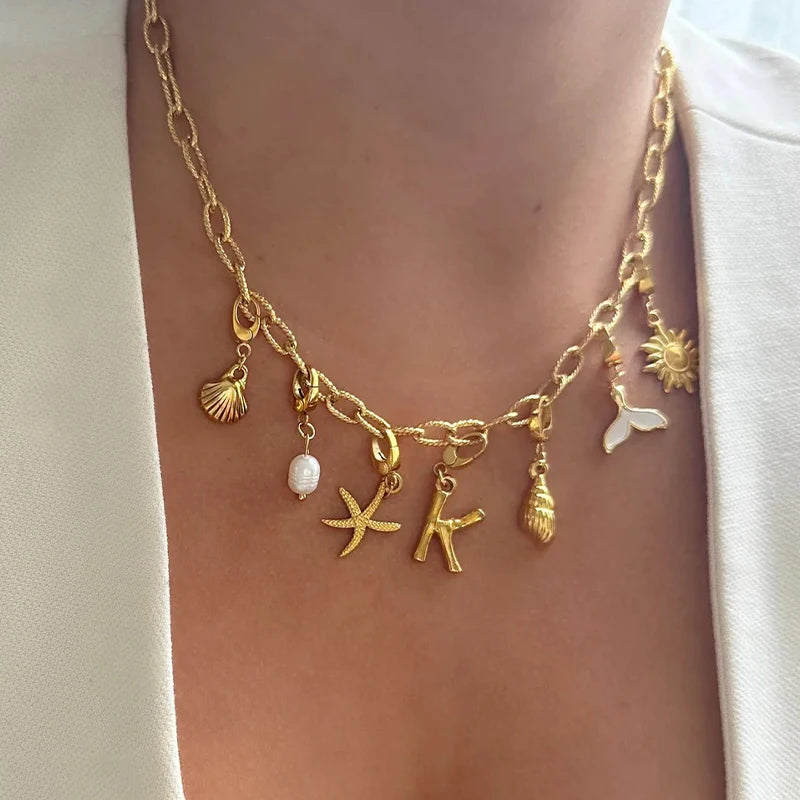 Boho A-Z Initial Letter Pendant Necklace Gold Color Beach Shell Starfish Pearl Necklace Women's Charm Jewelry Party Gift