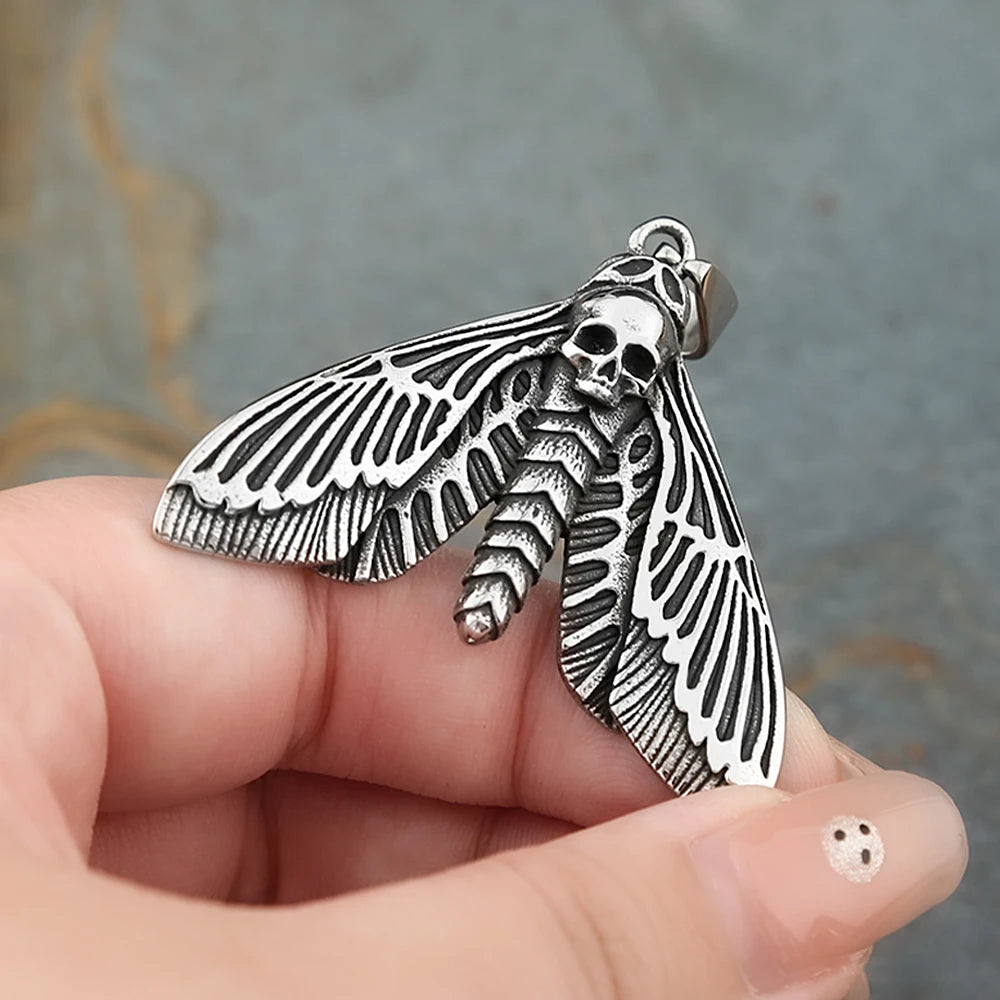 Gothic Vintage Death Moth Pendant Necklace For Men Women Punk Stainless Steel Butterfly Skull Necklaces Biker Animal Jewelry