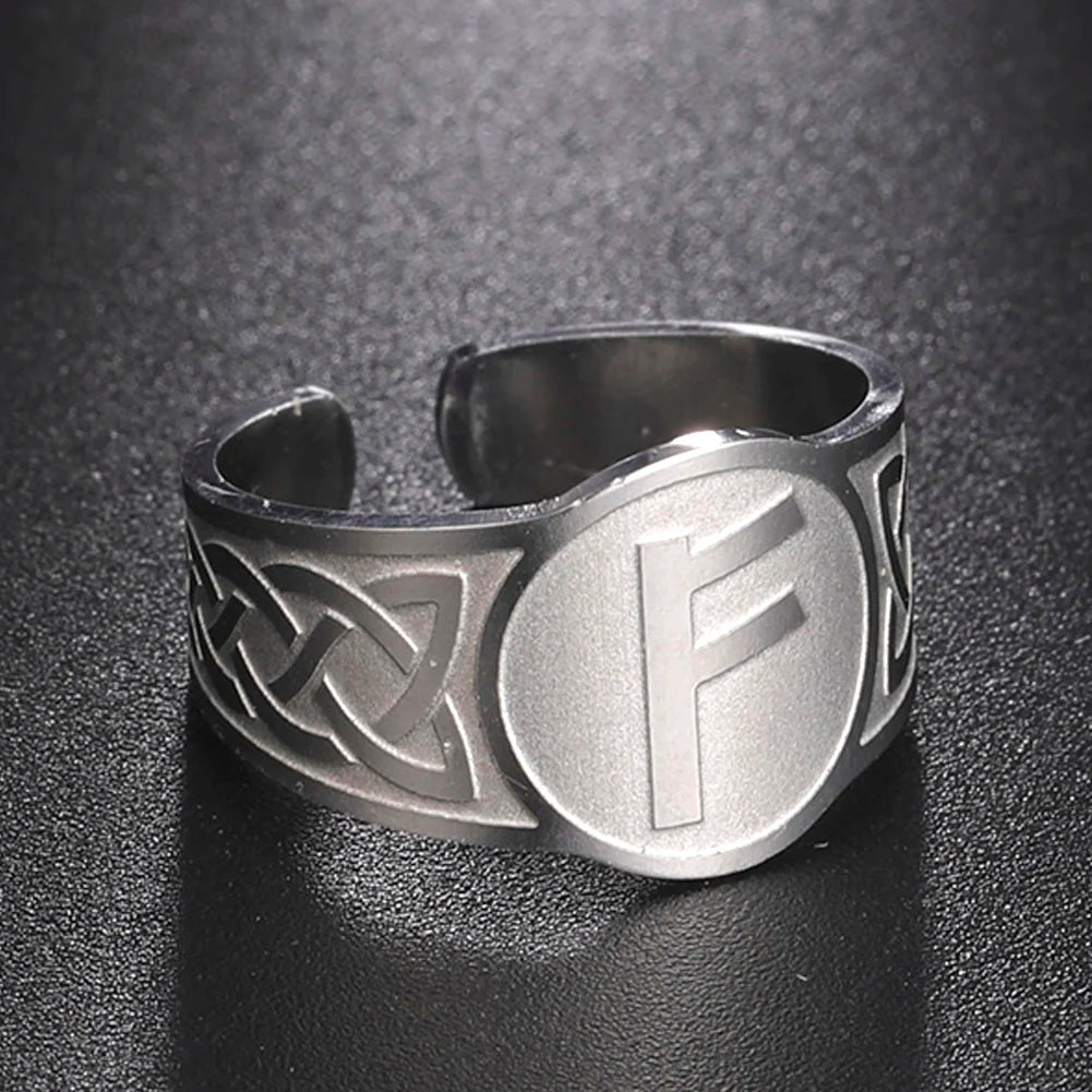 Dawapara Runic Ring Celtics Knot Futhark Unisex Adjustable Rings Norse Rune Scandinavian Symbol Stainless Steel Jewelry