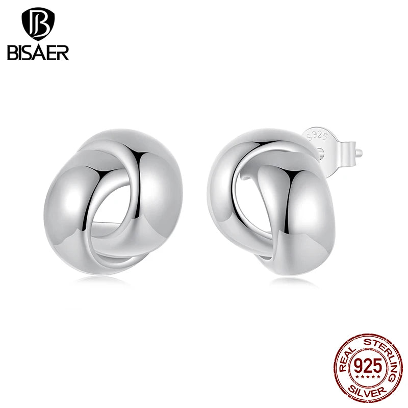 BISAER Real 925 Sterling Silver Minimalist Twsisted Stud Earrings Woven Metal Stud Ear For Women Party Original Fine Jewelry