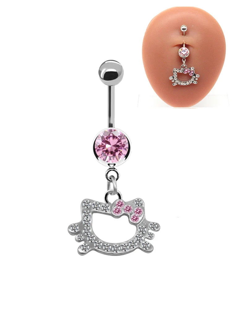 Hello Kitty Belly Button Ring For Women Trendy Pink Butterfly Cute Cat Design Sexy Navel Rings Stainless Steel Piercing Jewelry